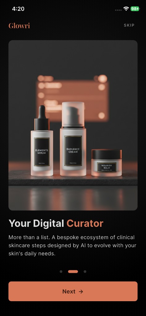 Glowri app screen: Home & scan