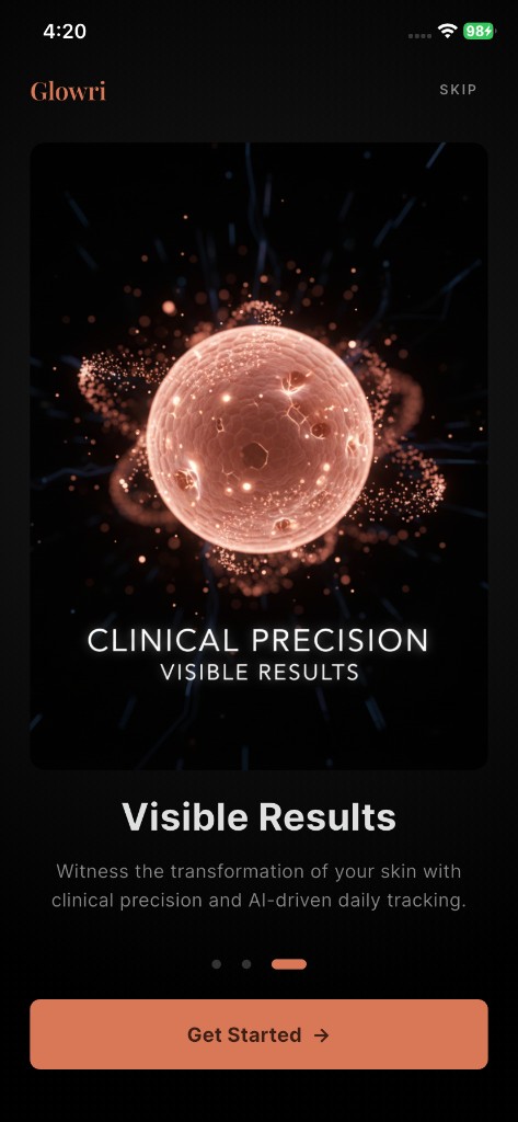 Glowri app screen: Onboarding