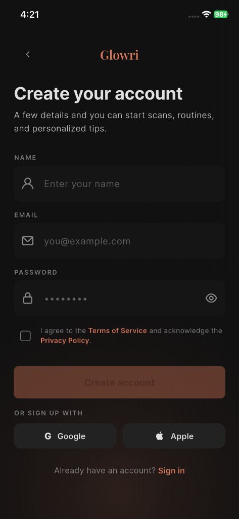 Glowri app screen: Create account