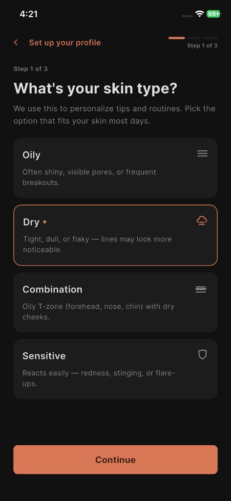 Glowri app screen: Skin profile