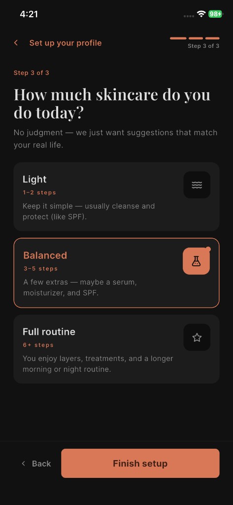 Glowri app screen: Routine setup