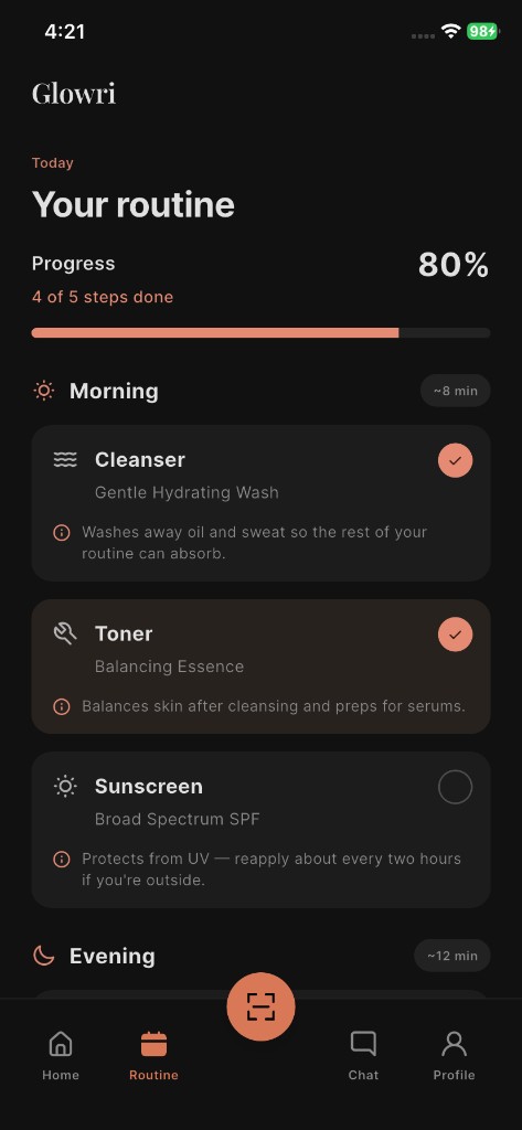 Glowri app screen: Your routine