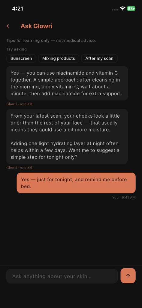 Glowri app screen: Ask Glowri
