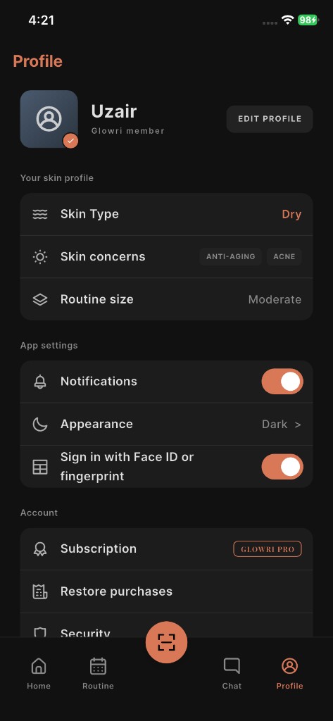 Glowri app screen: Profile